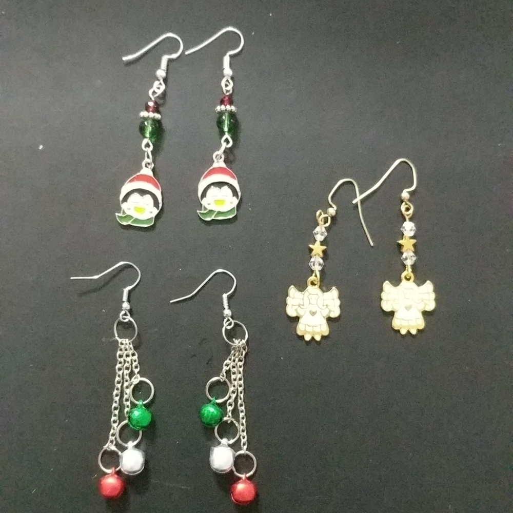 Penguin, Angel, and Jingle Bells Christmas Holiday Earrings - Set of 3